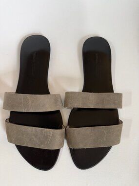 New HANDMADE Grey Genuine Leather Flat Slides Slippers Sandals NYC Designer